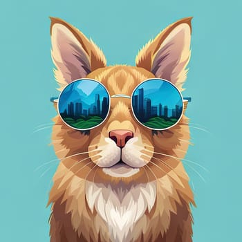 red cute cat in sunglasses on a color background