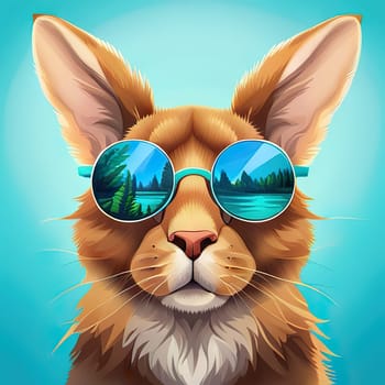 red cute cat in sunglasses on a color background