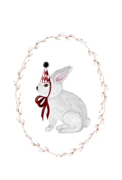 Watercolor easter card vintage little bunny in a red cap in a round frame of branches. Postcard template isolate on a white background for Easter cards. Hand drawn drawing of a cute animal with flowers. High quality photo