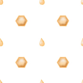 Watercolor seamless pattern with honeycombs and drops of honey. Elegant cute hand drawn pattern in yellow tones. For printing on banner and wrapping paper for selling honey