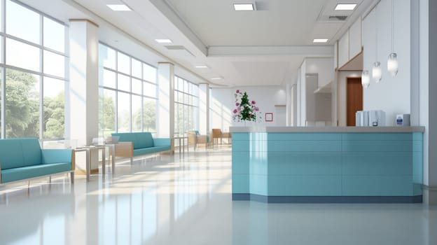 Front view of clean modern hospital corridor with big windows, rows of blue chairs and reception desk. Concept of healthcare. 3d rendering