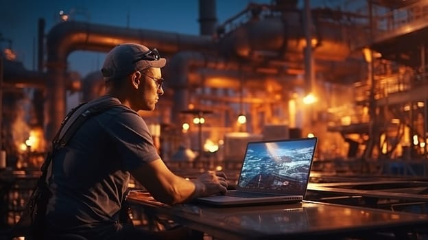 Handsome engineer man worker with Petroleum refinery industrial background,Petrochemical factory concept. High quality photo