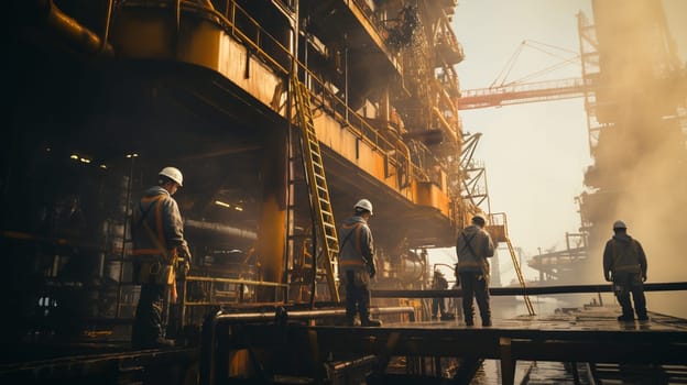 workers in an industrial plant for the production and processing of crude oil . High quality photo