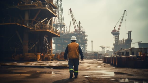 Worker in hard hat and yellow vest against the background of port cranes as a concept of a logistics or shipping company. High quality photo