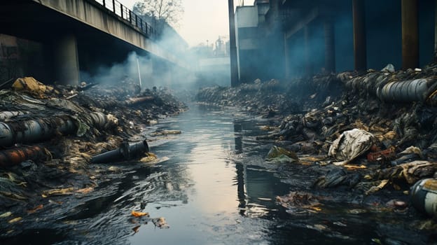 industrial waste and air pollution with black smoke from chimneys. High quality photo