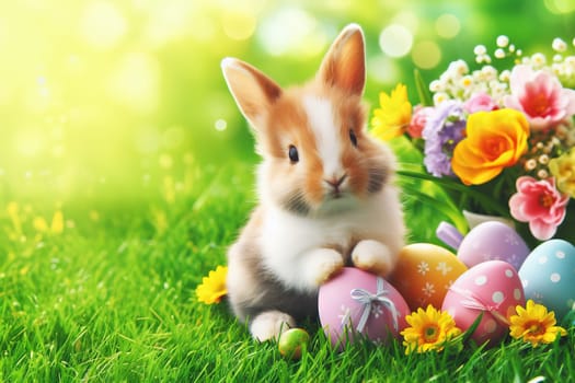 Cute rabbit and Basket full colorful easter eggs on green grass in garden on sunny day.