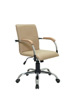 beige office armchair on wheels isolated on white background, side view. furniture in minimal style