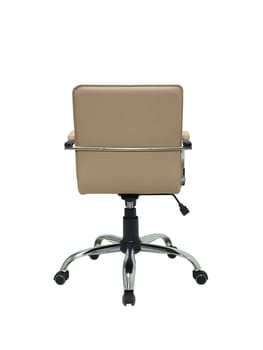 beige office armchair on wheels isolated on white background, back view. furniture in minimal style