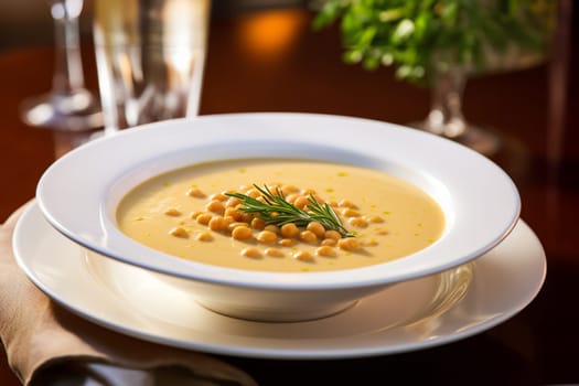 Chickpea soup, traditional Italian winter dish, in Umbria. A warm and nourishing soup made with chickpeas and flavors such as rosemary and garlic. on a white plate in a elegant restaurant decorated for Christmas time. Healthy vegetarian food