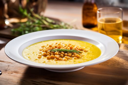 Chickpea soup, traditional Italian winter dish, in Umbria. A warm and nourishing soup made with chickpeas and flavors such as rosemary and garlic. on a white plate in a elegant restaurant decorated for Christmas time. Healthy vegetarian food