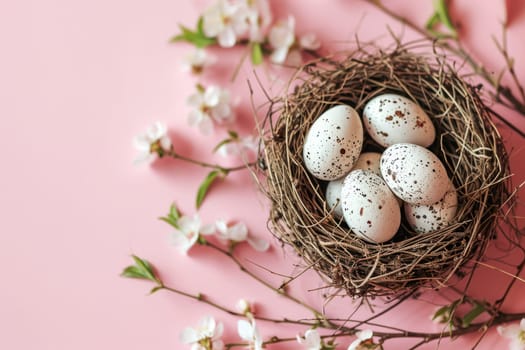 Eggs in bird nest in the corner on pink pastel backround. Top view, flat lay