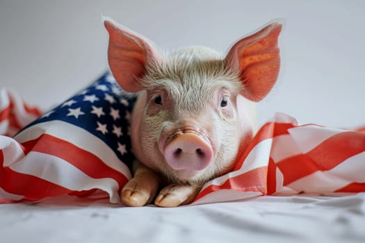 Photo of piggy with usa flag on a white background. Concept of National pig day in USA