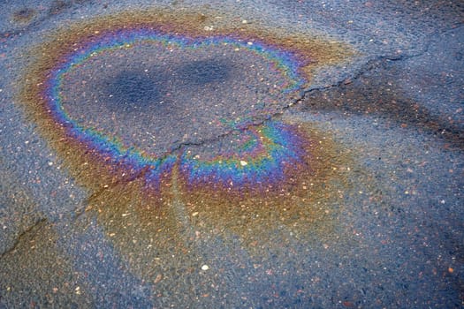 Textured stain of fuel or oil on wet asphalt on a rainy day. The spot resembles a skull