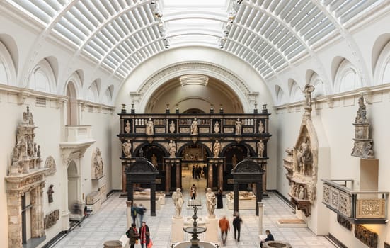 London, UK - Nov 01, 2023 - Interior view of Medieval and Renaissance era artworks galleries in Sculpture Hall in the Victoria and Albert Museum. Century marble sculptures of Apollo and Zephyr in The Paul and Jill Ruddock Gallery, Inner decor, Space for text, Selective focus