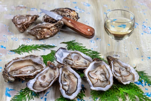 Oysters and glass of white wine in a restaurant wooden table background