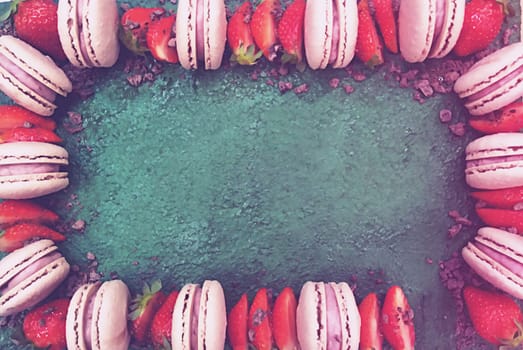 Homemade cake with strawberries and macaroons cookies, copyspace.