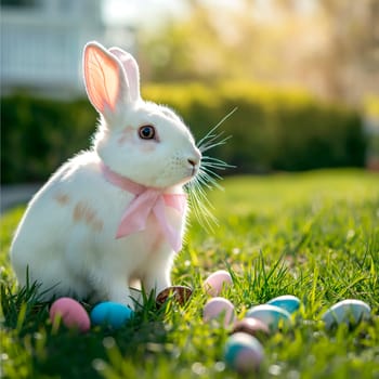 One beautiful white Easter bunny with a pink bow around his neck sits on the left on a green lawn with Easter eggs scattered around in the backyard of a house, close-up side view.