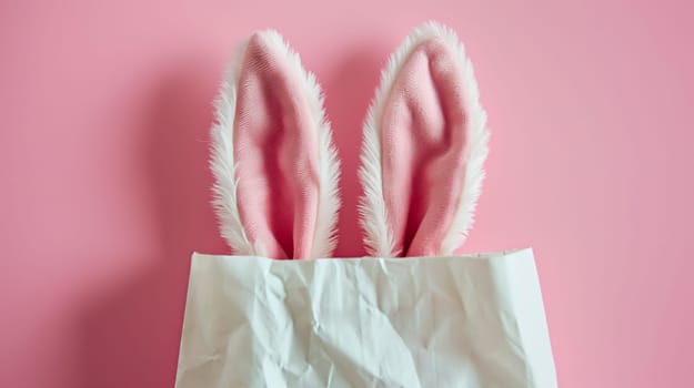 One beautiful velvet ears peek out from a crumpled paper bag standing in the center on a pink background, close-up side view.