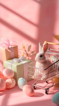 One shopping cart with one toy Easter bunny sitting in the shopping cart, and next to it are pastel gift boxes and Easter eggs on a pink background, side view close-up.