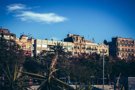 Barcelona seaside district concept photo. Sunny day with blue sky. Barceloneta beach. Beautiful urban scenery photography. Street scene. High quality picture for wallpaper, article