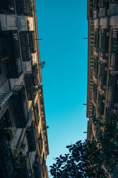 Historical building on Rambla street cityscape image. Aerial street view at sunset time in Barcelona, Spain photo. Beautiful urban scenery photography. Street scene. High quality picture for wallpaper, article