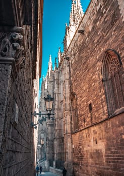 Historical architecture in Barcelona cityscape photo. Beautiful urban scenery photography. Torre Mirador and Palau del Lloctinent at Placa del Rei in Barcelona, Catalonia, Spain. High quality picture for wallpaper, article