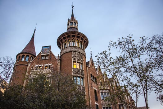 Historical facade of Casa de les Punxes in Barcelona. View of Casa Terradas modernist building designed by Josep Puig I Cadafalch. Street scene. High quality picture for wallpaper, article