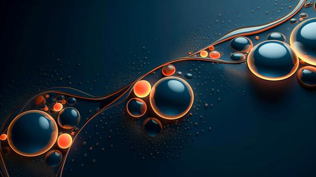 Dark azure abstract background with orange bubbles and waves.