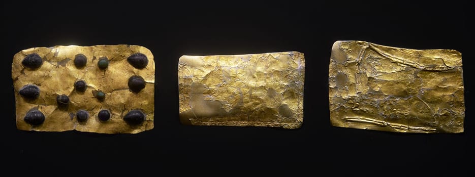 Ancient golden objects of the Scythians. Scythian Gold, Treasures of Eurasian Nomads. Golden Scythian Artifact, belt decoration. 07.07.21, Rostov region, Russia.