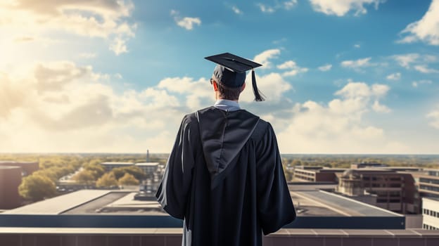 A rear view of a graduate standing outdoors against a background of blue sky, on a hill.