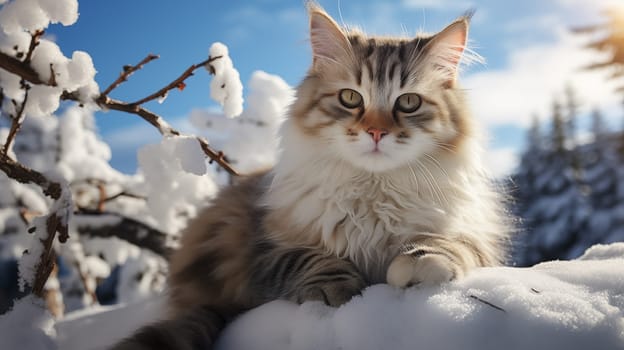 Adorable, tabby fluffy cat lie on the snow in a beautiful winter landscape.