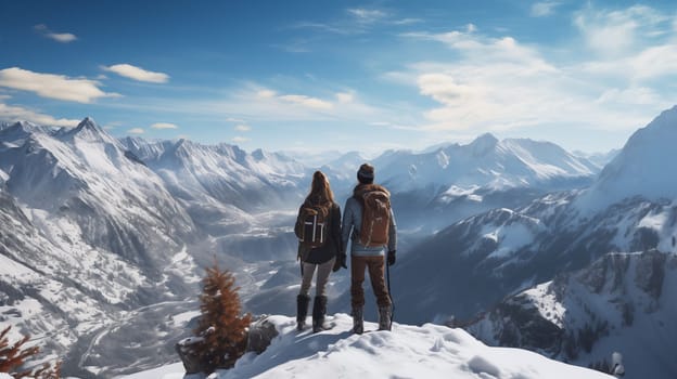 Back view of couple travelers with backpack, standing on the background of snowy mountains and blue sky