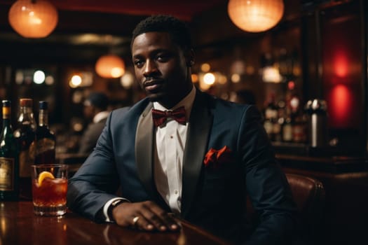 african dandee in tuxedo at a bar, expensive place, dim light, having negroni cocktail , illustration, generative ai art