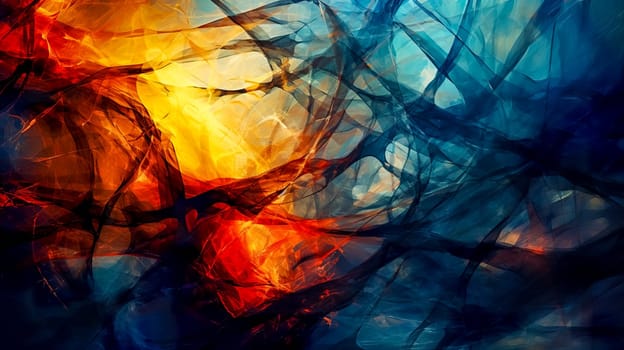 Abstract digital artwork with chaotic swirls of blue and orange