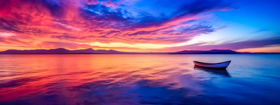 Breathtaking view of a dramatic sunset over the ocean with a silhouette of a boat in the foreground, banner with copy space