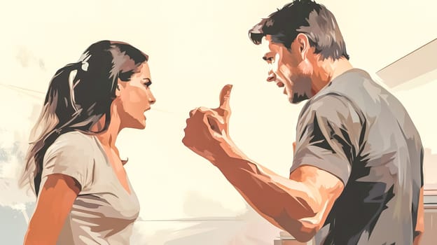 A woman and man in a heated argument, with the man pointing a finger and the woman looking defiant, the concept of partner disputes and domestic violence.