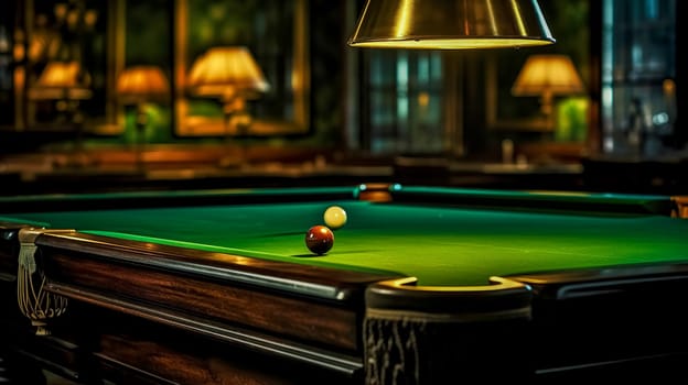 A dimly lit billiard room with focused lighting over the green felt pool table, accentuating the poised billiard balls and the elegance of the game.