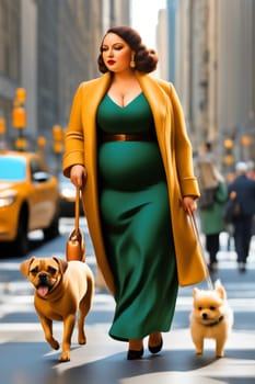 curvy elegant empowered business woman walking with dog in downtown illustration genrative ai art