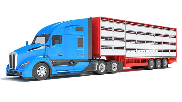 Truck with Animal Transporter Trailer 3D rendering model on white background