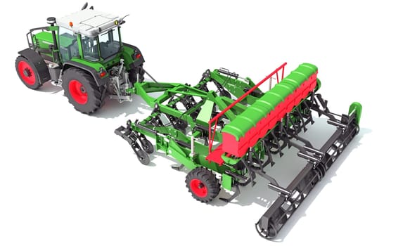 Tractor with Seed Drill farm equipment disc harrow 3D rendering model on white background