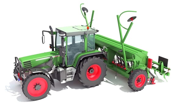 Tractor with Seed Drill farm equipment disc harrow 3D rendering model on white background