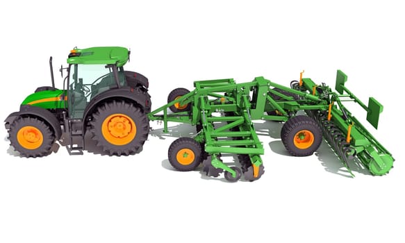 Tractor with Seed Drill farm equipment disc harrow 3D rendering model on white background