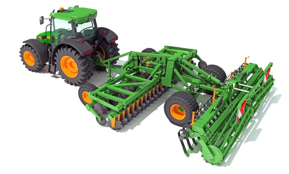 Tractor with Seed Drill farm equipment disc harrow 3D rendering model on white background