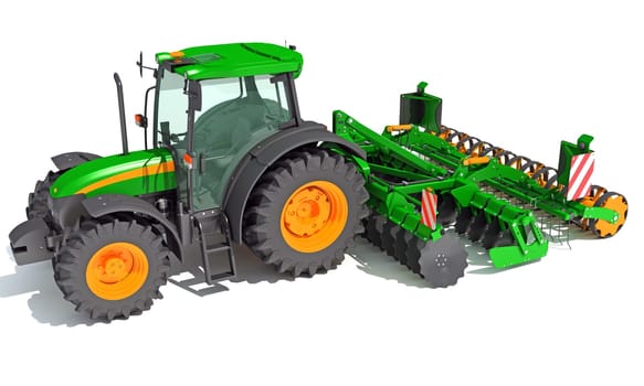 Tractor with Seed Drill farm equipment disc harrow 3D rendering model on white background