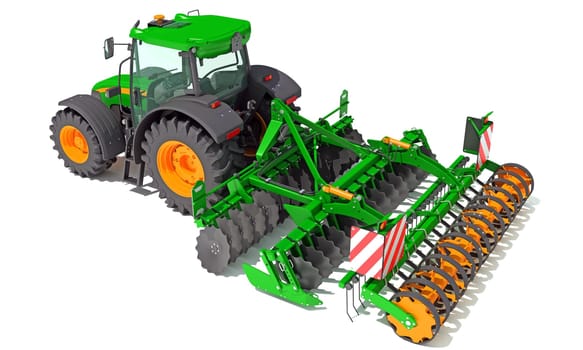 Tractor with Seed Drill farm equipment disc harrow 3D rendering model on white background