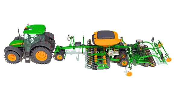 Tractor with Seed Drill farm equipment disc harrow 3D rendering model on white background