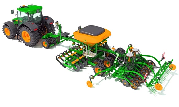 Tractor with Seed Drill farm equipment disc harrow 3D rendering model on white background