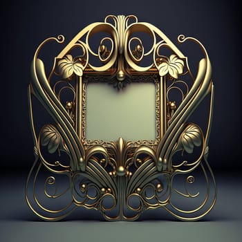 Golden ornamental art deco frame on black bakcground. Retro golden art deco or art nouveu frame with vintage ornament. Generative AI