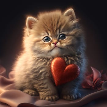 Cute fluffy kitten hugging red heart. Valentine's Day greetings from romantic cat holding heart. Generative AI