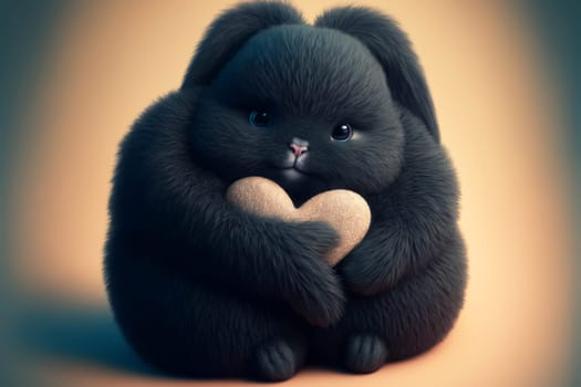 Cute fluffy black rabbit hugging red heart. Valentine's Day greetings from romantic bunny holding heart. Generative AI